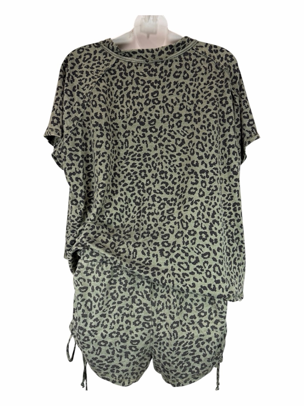 Leopard Lounge Set Maronie Olive Green Oversized Top Drawstring Shorts S Boho - Picture 2 of 14
